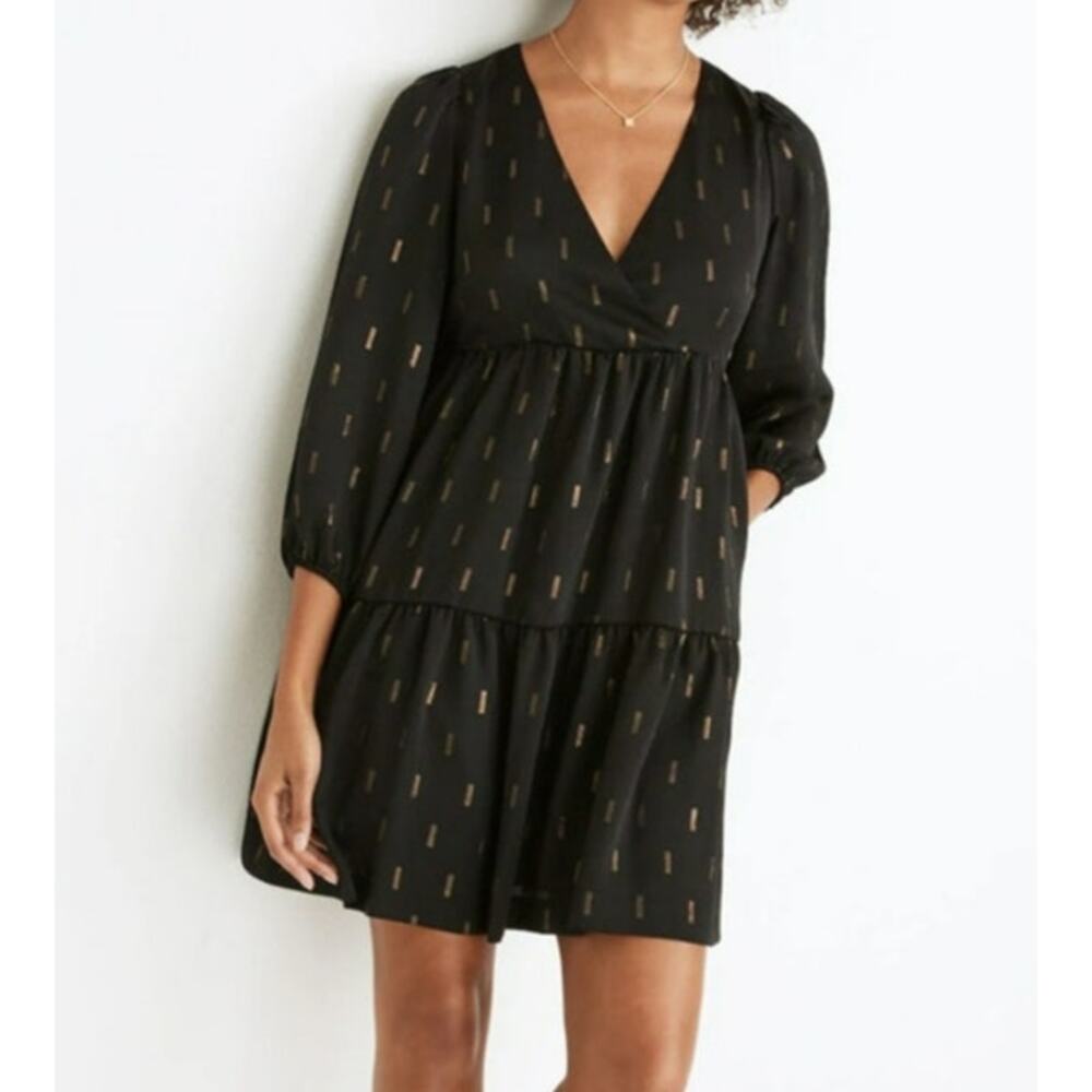 Madewell Petite Metallic Jacquard Faux-Wrap Tiered Mini Dress, Women's Size S